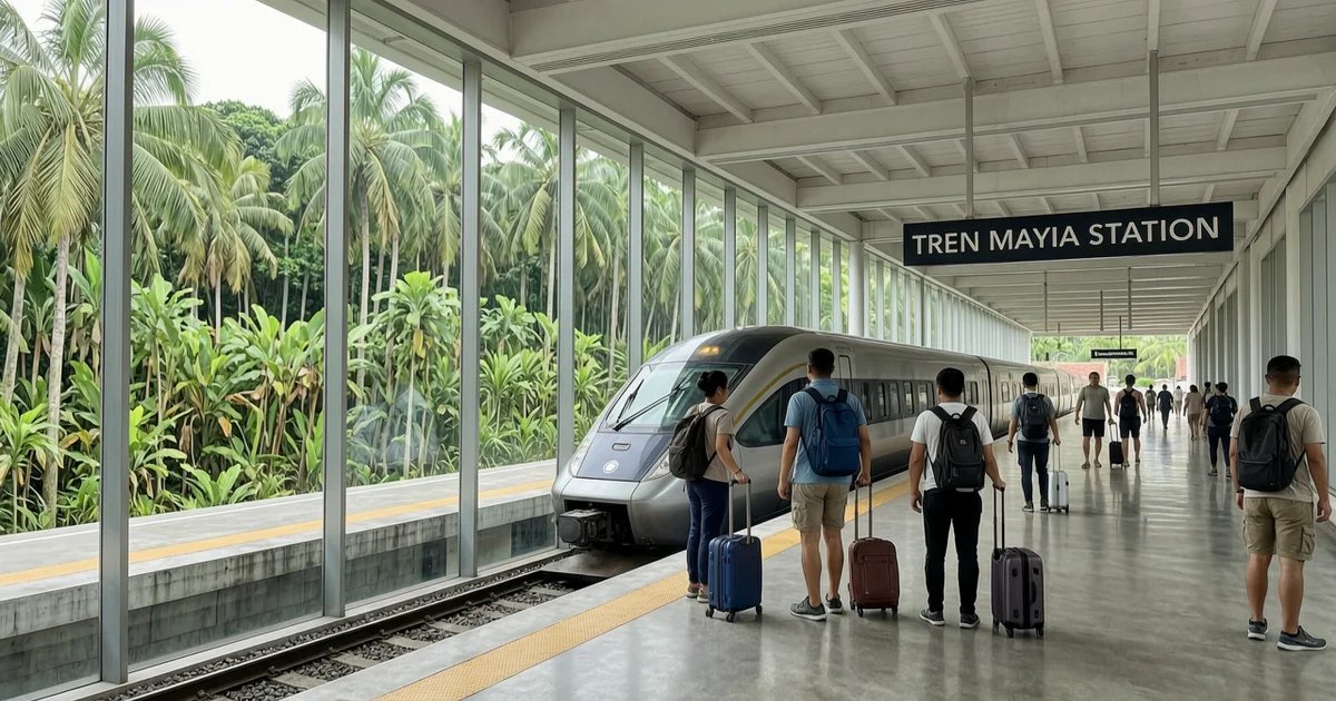 Tren Maya station with travelers and bags on platform