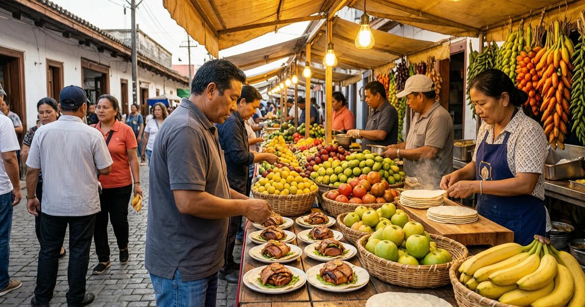 Colorful Mexican market and vibrant street food stalls