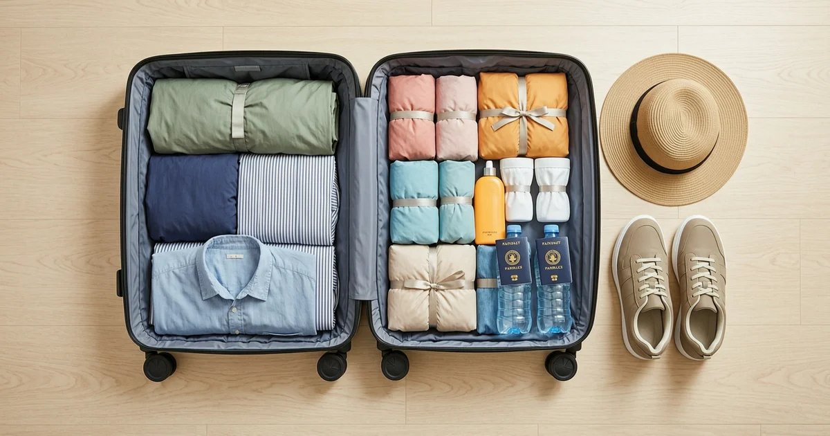 Neatly organized travel packing flat lay with gear and cubes