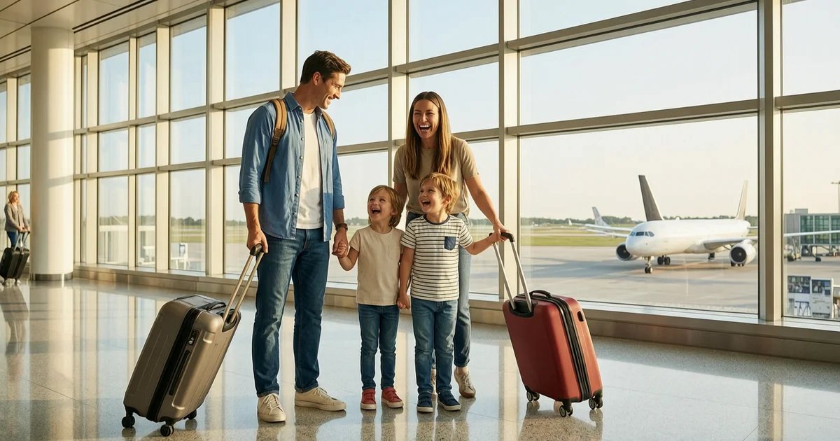 Family at airport terminal with organized bags