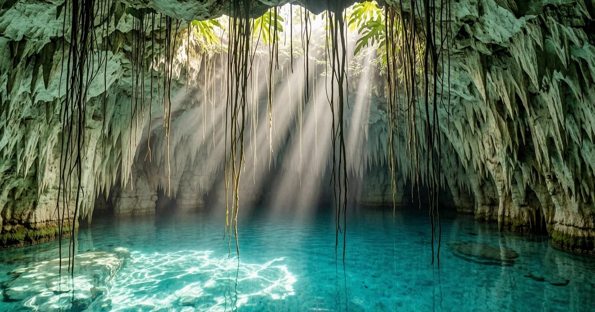 Turquoise cenote with crystal clear water and cave ceiling