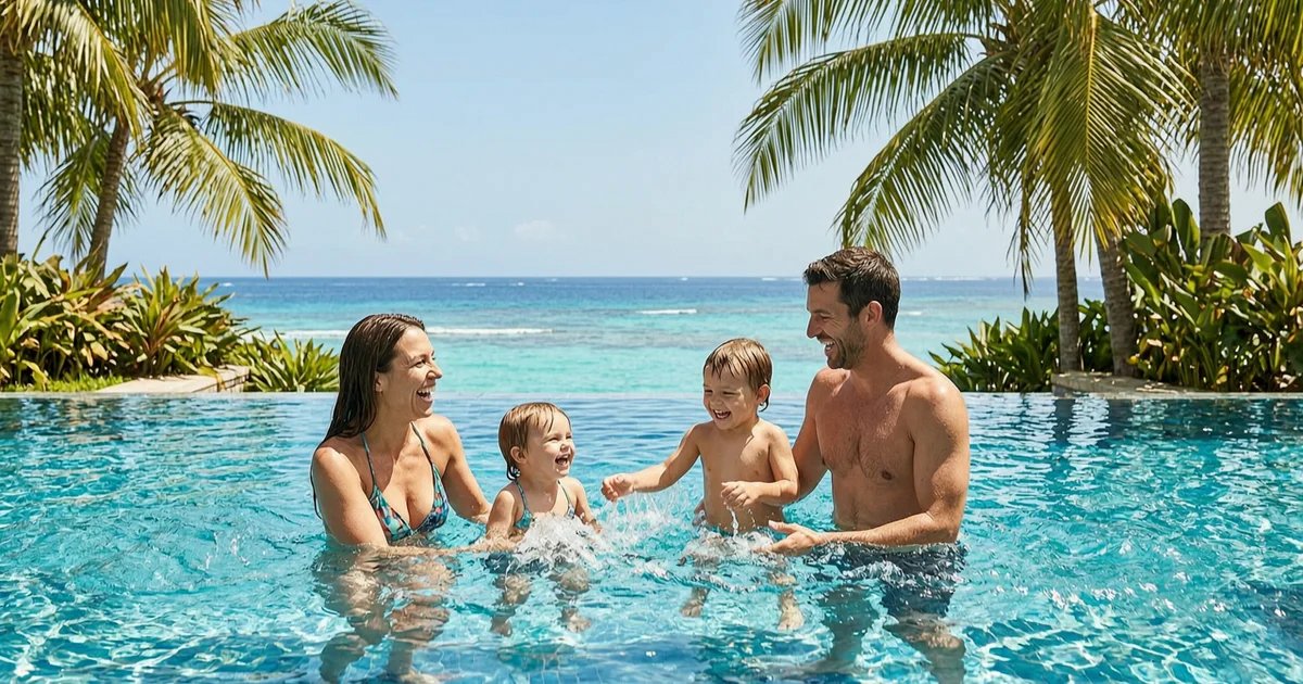 Family at tropical hotel pool with lush palm trees