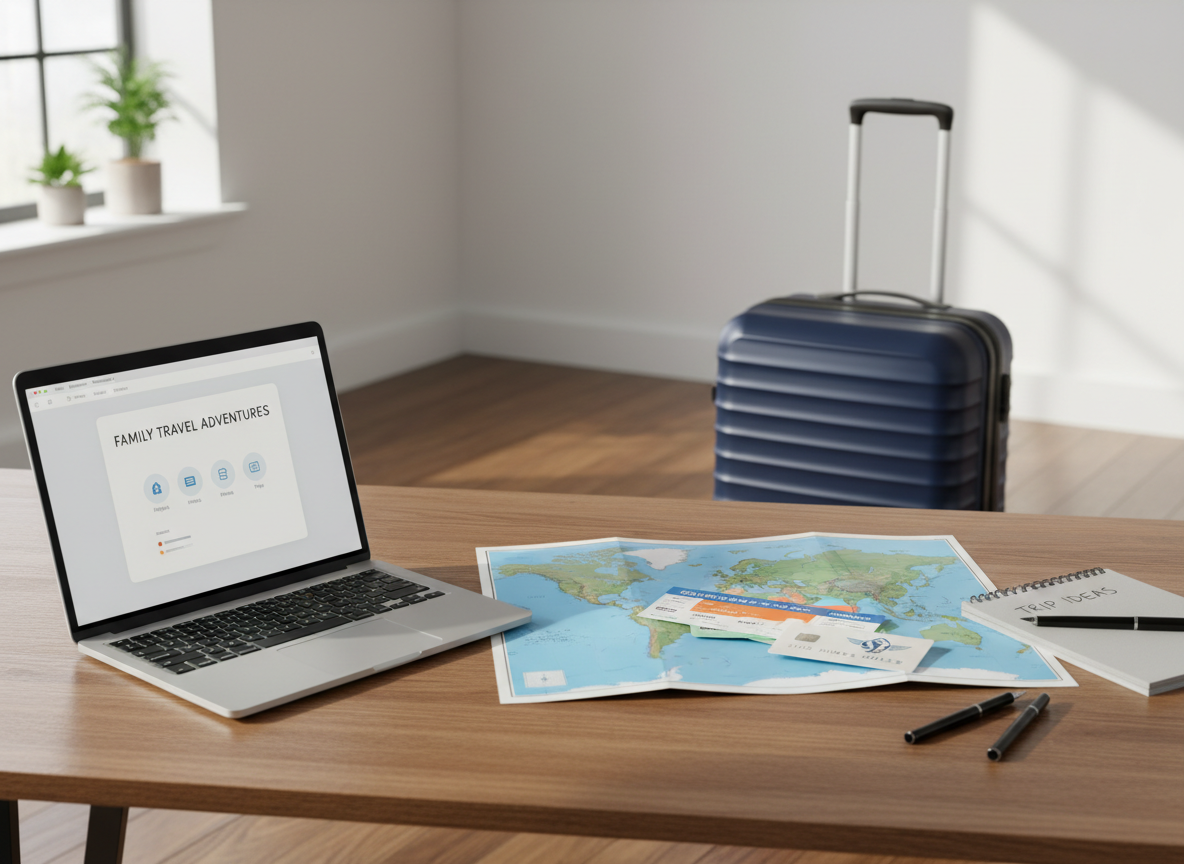 A neatly organized wooden desk set for planning a family trip, featuring an open laptop displaying a simple travel blog dashboard, beside a folded world map, a small stack of colorful boarding passes, and a slim, contactless credit card with a subtle airline miles logo. A compact, hard-shell carry-on suitcase with textured surface stands nearby, its telescopic handle extended. The scene is in a bright, uncluttered home office with a large window, soft daylight illuminating the workspace and casting gentle shadows. Photographic realism, eye-level composition with rule-of-thirds framing, and a shallow depth of field keep focus on the tools of travel planning. The mood is calm, organized, and optimistic, reflecting professional yet approachable guidance on points and miles for family trips.